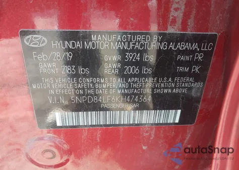 2019 Hyundai Elantra Sel z USA, uszkodzony, nr VIN 5NPD84LF6KH474364